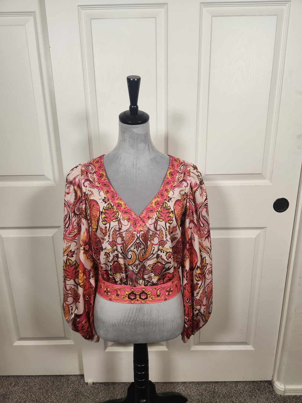Pink Paisley V-Neck Blouse with Waistband